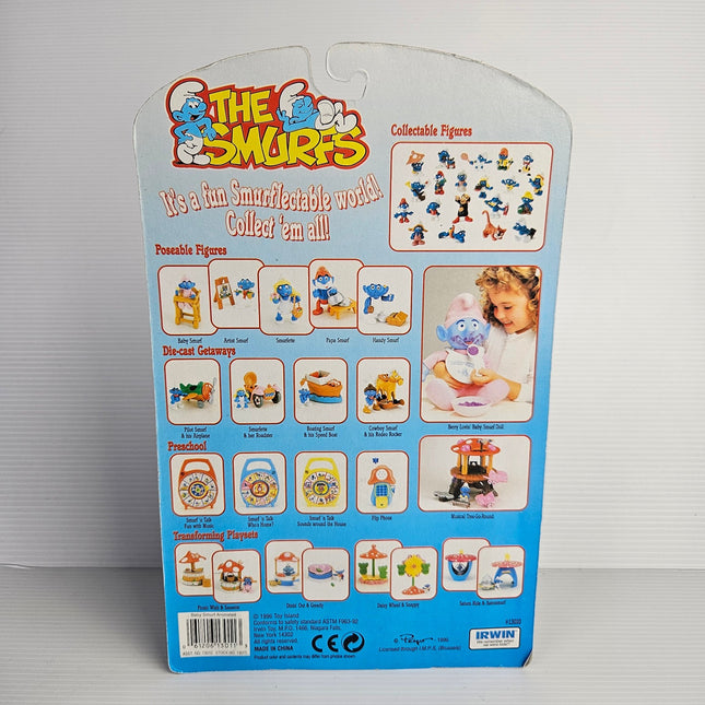 Back of Irwin Baby Smurf high chair card showing 1996 Toy Island details and Smurfs range
