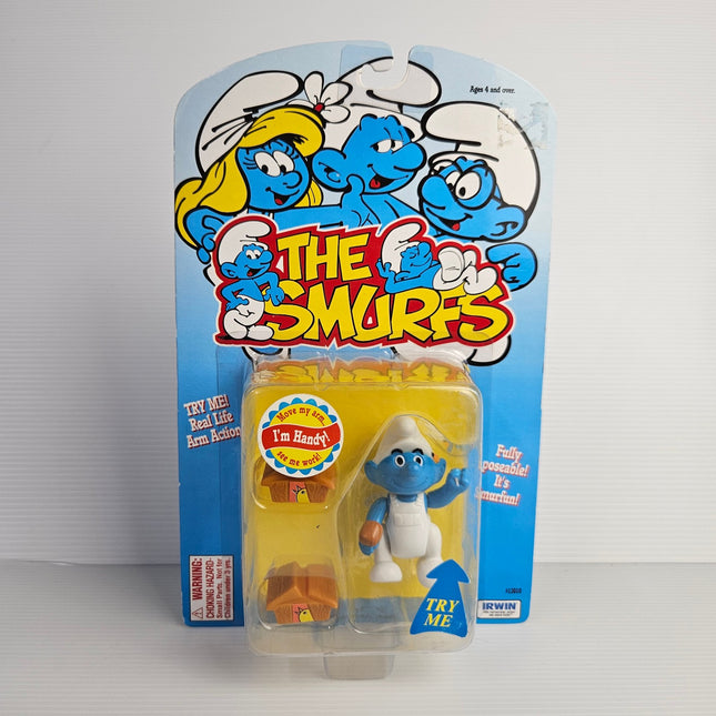 Front of carded 1996 Irwin The Smurfs Handy Smurf Animated figure