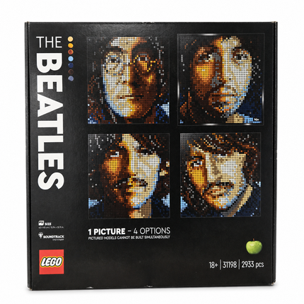 LEGO The Beatles 41198 building kit box, featuring pixel-art portraits of the band members on a black background with white text and the red LEGO logo.