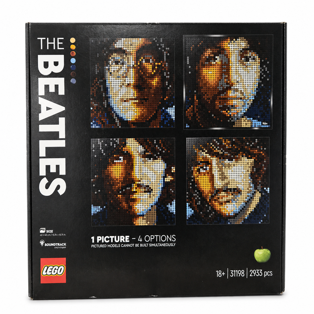 LEGO The Beatles 41198 building kit box, featuring pixel-art portraits of the band members on a black background with white text and the red LEGO logo.