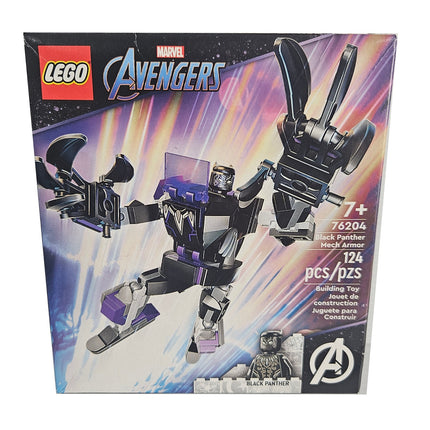 Back of LEGO Marvel Avengers Black Panther Mech Armor 76204 box showing the completed mech and minifigure