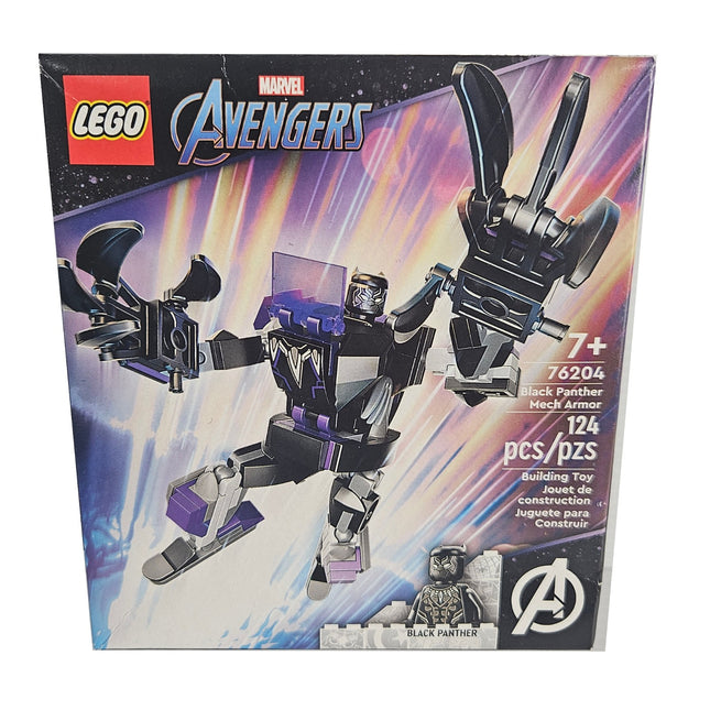 Back of LEGO Marvel Avengers Black Panther Mech Armor 76204 box showing the completed mech and minifigure