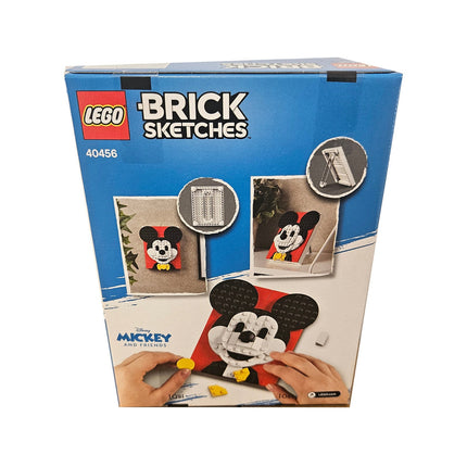 Back Image: Back of LEGO Brick Sketches Mickey Mouse 40456 box showing wall-hanging and freestanding display options