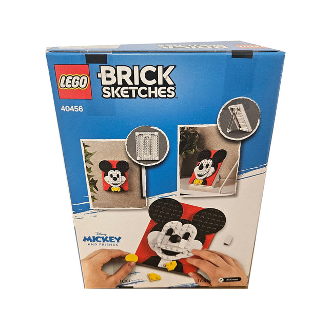 Back Image: Back of LEGO Brick Sketches Mickey Mouse 40456 box showing wall-hanging and freestanding display options