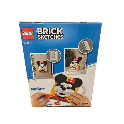 Back of LEGO Brick Sketches Minnie Mouse 40457 box showing wall-hanging and freestanding display options
