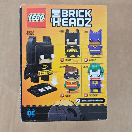 Back of LEGO BrickHeadz Batman 41585 box showing the Batman display model and series characters