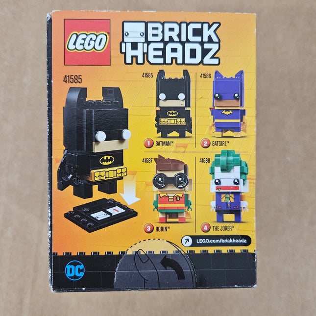 Back of LEGO BrickHeadz Batman 41585 box showing the Batman display model and series characters