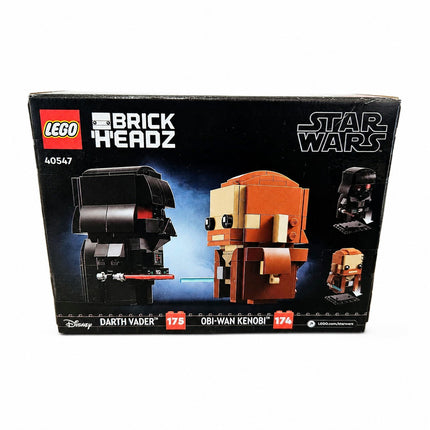 Back of LEGO BrickHeadz Star Wars Obi-Wan Kenobi and Darth Vader 40547 box showing both buildable figures