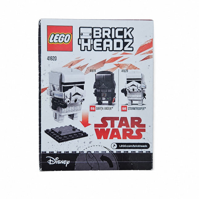 Back of LEGO BrickHeadz Stormtrooper 41620 box showing the completed display figure
