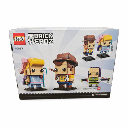 Back Image: Back of LEGO BrickHeadz Woody and Bo Peep 40553 box showing the completed Toy Story figures and display baseplates