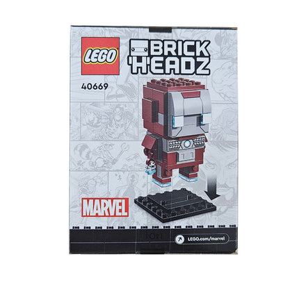 Back of LEGO BrickHeadz Iron Man MK5 40669 box showing the completed display model