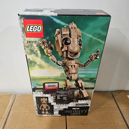 Back of LEGO Marvel I am Groot 76217 box showing the poseable Groot figure and cassette tape