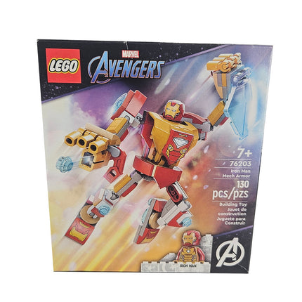 Back of LEGO Iron Man Mech Armor 76203 box showing the poseable mech and minifigure