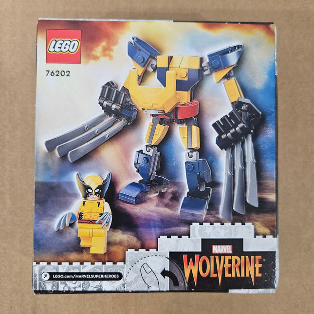 Back of LEGO Marvel Wolverine Mech Armor 76202 box showing the posable mech and Wolverine minifigure