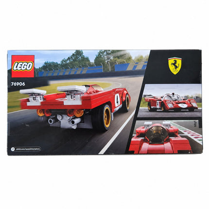 Back of LEGO Speed Champions 1970 Ferrari 512 M 76906 box showing the completed red Ferrari race car
