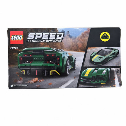 Back of LEGO Speed Champions Lotus Evija 76907 box showing the completed green electric hypercar