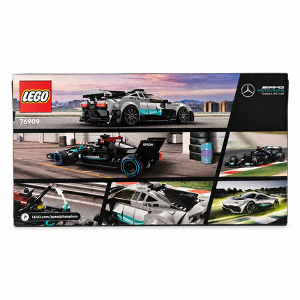 Back of LEGO 76909 box showing Mercedes-AMG F1 W12 and Project One models