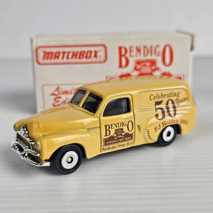 Side view of Matchbox FJ Holden 50th anniversary panel van with Bendigo graphics
