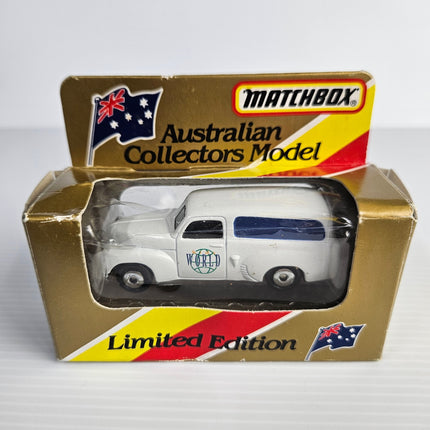 Front of 1995 Matchbox FJ Holden Panel Van Kids World limited-edition model in original box