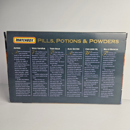 Back of Matchbox Pills Potions and Powders six classic vehicles gift set box