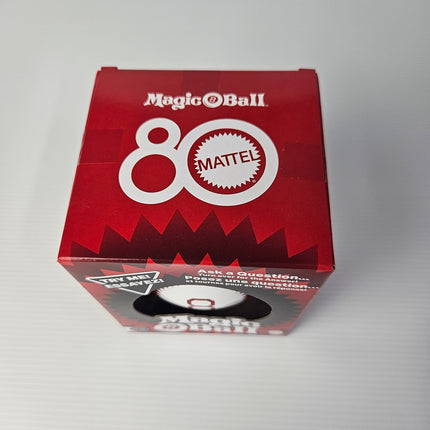 Top panel of Mattel Magic 8 Ball 80th Anniversary retail box