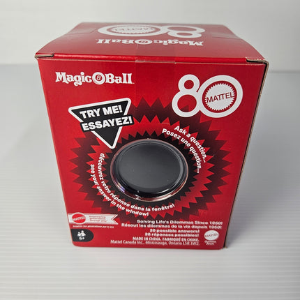 Rear answer window of Mattel 80th Anniversary Magic 8 Ball packaging