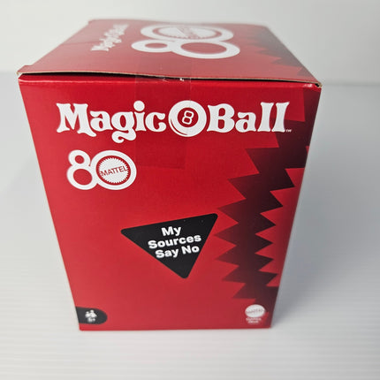 Side of Mattel Magic 8 Ball box showing My Sources Say No