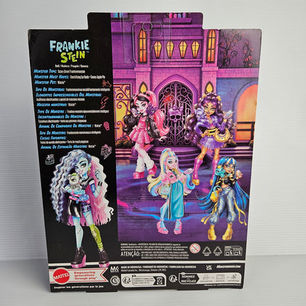 Back of Monster High Frankie Stein JHK31 packaging with character artwork and details
