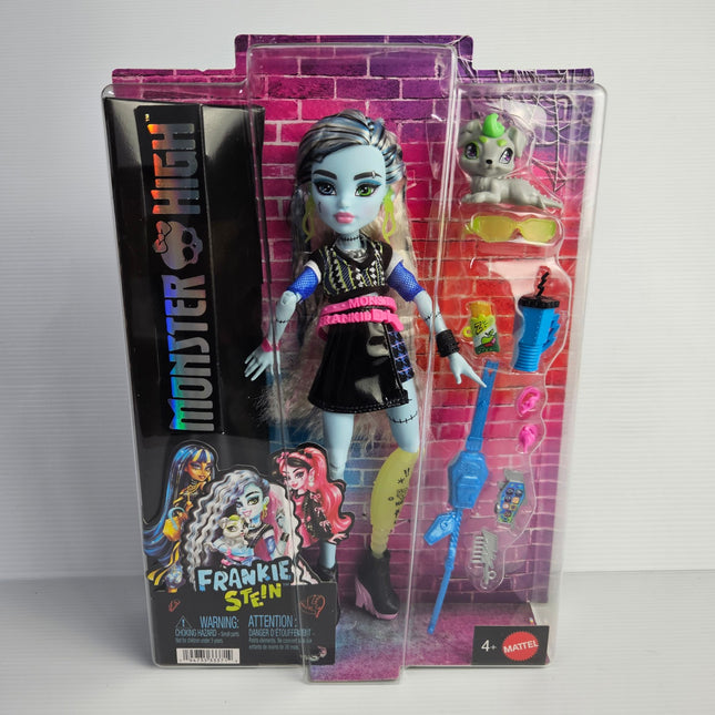 Front of Mattel Monster High Frankie Stein JHK31 with Watzie and accessories