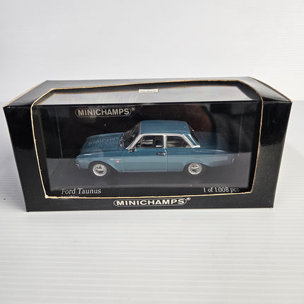 Boxed MINICHAMPS Ford Taunus 1960 blue 1:43 model in display case