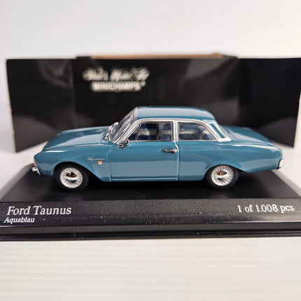 Left-side profile of MINICHAMPS Ford Taunus 1960 blue diecast model