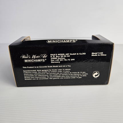 Rear of MINICHAMPS Ford Taunus 430085104 box showing manufacturer and Made in China details