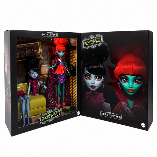 Open Monster High Skullector Beetlejuice display box showing Miss Argentina and the Magician’s Assistant