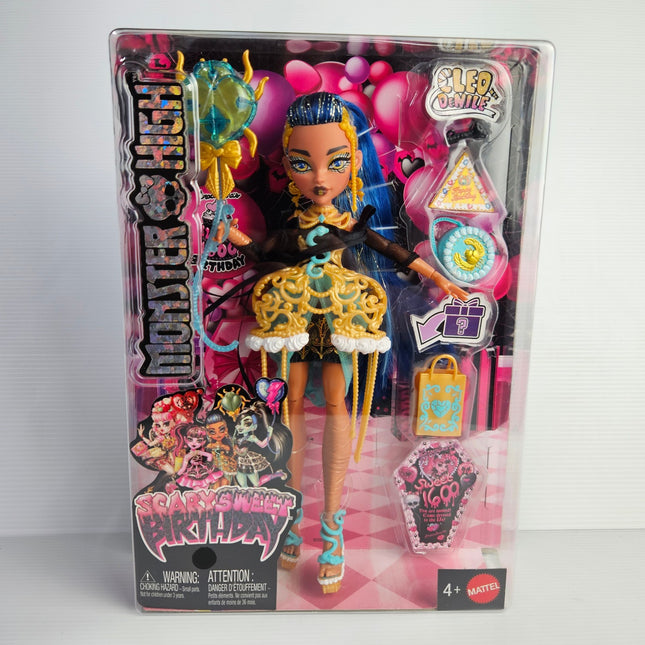 Front of boxed Monster High Scary Sweet Birthday Cleo De Nile doll with accessories