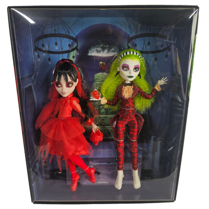 Close-up of Monster High Skullector Betelgeuse and Lydia Deetz dolls in display packaging