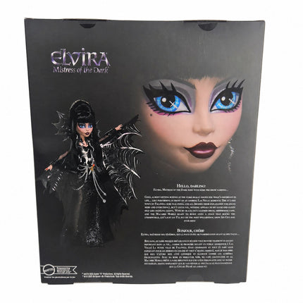 Back of Monster High Skullector Elvira Mistress of the Dark HYV99 collector doll packaging