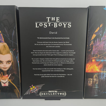 Rear artwork of Monster High Skullector The Lost Boys David collector doll packaging 