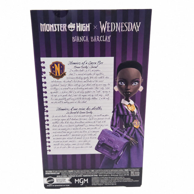 Back of Monster High x Wednesday Bianca Barclay JDR71 doll packaging