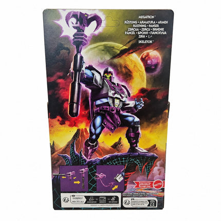 Back of Masters of the Universe x Transformers Megatron Armor Skeletor packaging showing armour and weapon functions
