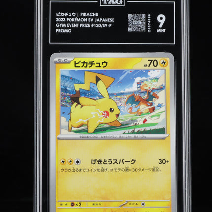 TAG 9 Mint graded Japanese Pokémon Pikachu 120/SV-P Gym Event Promo card front