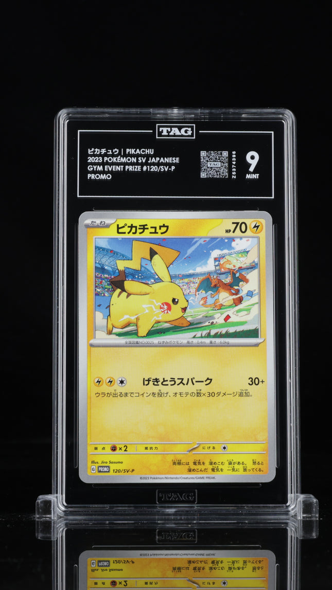 TAG 9 Mint graded Japanese Pokémon Pikachu 120/SV-P Gym Event Promo card front