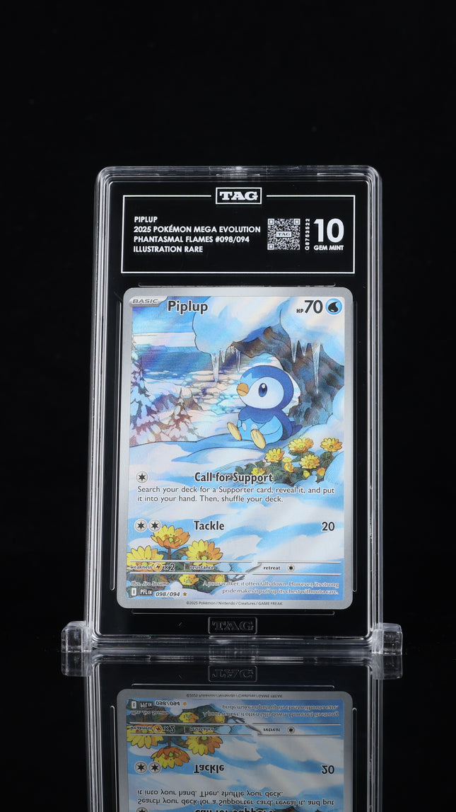 TAG 10 Gem Mint Pokémon Piplup 098/094 Phantasmal Flames Illustration Rare front view