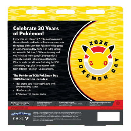 Back of Pokémon Day 2026 Collection showing Pikachu promo, anniversary coin and booster pack contents