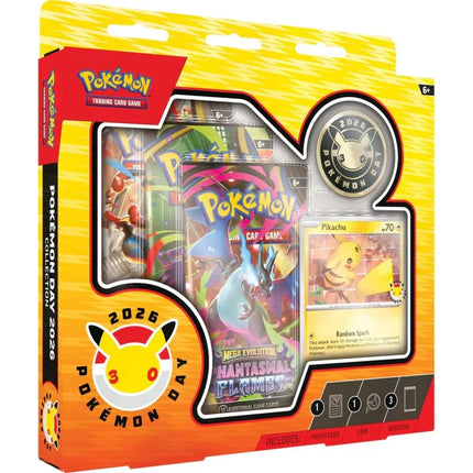 Pokémon TCG Pokémon Day 2026 Collection with Pikachu promo card, coin and three booster packs