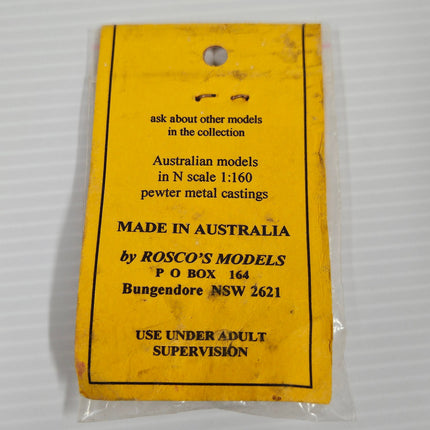 Back of Rosco’s Models CU01 packaging showing 1:160 pewter castings made in Australia