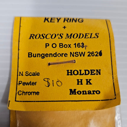 Rosco’s Models label identifying the N-scale Holden HK Monaro key ring