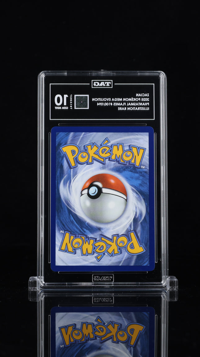 Back of TAG-encapsulated Zacian 100/094 Pokémon card.