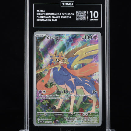 Front of TAG 10 Gem Mint Zacian 100/094 Illustration Rare Pokémon card.