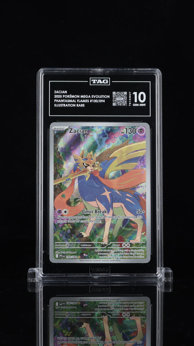 Front of TAG 10 Gem Mint Zacian 100/094 Illustration Rare Pokémon card.