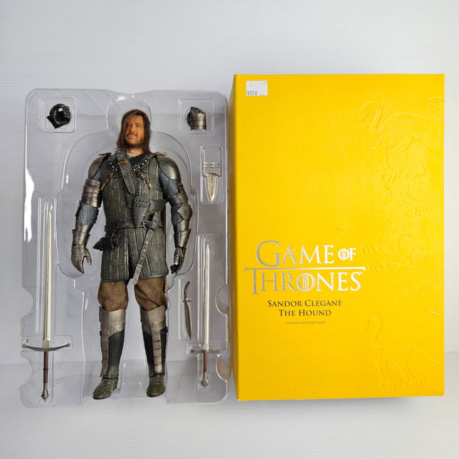 Front view of Sandor Clegane The Hound 1:6 figure in opened display tray